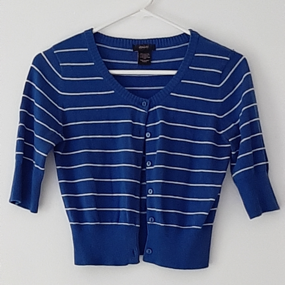 Anxiety Blue White Stripe Crop Cotton button Cardigan sweater 3/4 sleeve. Sz S